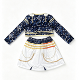 Girls Navy Blue and White Two-Piece Skirt Set with Chain Print