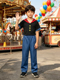 Boys' Sailor Costume Set: 1 black short-sleeve top with spliced bright red collar and 1 pair of blue trousers, made of soft comfortable fabric. Ideal boys outfit for Halloween, carnival parties, masquerades and stage performances.