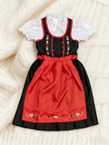 Girls' 2-in-1 Color Block Dress Set: 1pc Multi-color Detachable Bib Dress Featuring a Black, Red, and White Color Block Design. Features a Front Center Sash with Printed Pattern, Ruffled Collar, and Is Suitable for Halloween, Various Carnival Maid