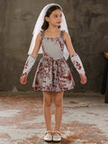 Girls Vampire Bride Costume Set Camisole Dress with Veil & Arm Sleeves for Halloween Christmas Carnival