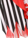 Girls pirate costume set includes cold shoulder dress and striped headscarf. Classic red, white and black striped design. Suitable for Halloween, pirate themed party, carnival and kids imaginative role-play.