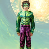 Boys Padded Green Hulk Jumpsuit with Sticker Mask for Halloween