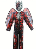 Boys' Deluxe Performance Set: 1 Boys' Deluxe Chest Muscle Print Bodysuit + 1 Printed Wings + 1 Mask, Realistic Skeleton Print Design, Costume for Halloween Carnival and Various Holiday Party Performances