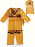 Boys yellow ninja costume set includes long sleeve top, trousers, waist sash and full face hood. Cartoon armor graphic printing, perfect for Halloween, martial arts themed parties and ninja character role-play.
