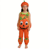 Kids pumpkin costume set includes sleeveless top, trousers and matching hat. Cute cartoon pumpkin design, perfect for Halloween trick-or-treat, themed parties and school dress-up activities.