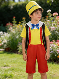 Boys' Outfit: a Pure Yellow Top Combined with Bright Red Pants in a Jumpsuit Style, Plus a Yellow Hat; Features a Stylish Round Neck Design Paired with a Blue Bow Tie