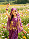 Girls exotic dance costume set, sleeveless top with layered coin tassels, matching harem pants, headscarf and wrist cuffs. Exotic ethnic style, great for stage shows, carnival and themed party role-play.