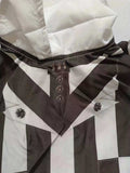 Girls black and white striped long sleeve dress with mock collar. Unique faux vest stitching design and pleated skirt. Suitable for casual daily wear, photo shoots, themed parties and creative dress-up occasions.