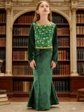 Girls Green Velvet Slim Fit Maxi Dress with Chest Print for Halloween Princess Cosplay