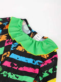Boys Clown 2Pcs Set: Printed Jumpsuit + Matching Hat Green lace collar, all-over colorful prints & stripes. Perfect for parties and shows.