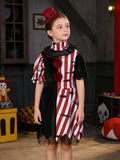 Girls' Holiday Party Performance 2pcs Set: Contrast-color Dress with a Striking Dark Red Headband. Features a Small Stand-up Collar, Irregular Hemline, and Elastic Cuffs for a Stylish Look. Perfect for Halloween, Christmas, Carnival, and Various