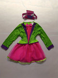 Girls whimsy mad hatter costume set includes long sleeve jacket, pink tutu skirt and mini top hat headband. Vibrant colorful design, ideal for Halloween, tea party theme and fantasy role-play activities.