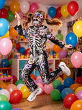 Kids Dark Purple Floral Skeleton 2-Piece Costume Set with Jumpsuit & Mask