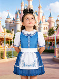 Girls blue maid style costume dress with matching bow headband. Adorable apron & lace decor design. Suitable for theme park visits, Halloween, birthday parties and kids fantasy role-play.