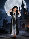 Girls gothic hooded long dress with skull print details. Classic black & white medieval styling. Perfect for Halloween parties, haunted theme events, carnival dress-up and spooky role-play activities.