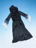 Girls gothic hooded long dress with skull print details. Classic black & white medieval styling. Perfect for Halloween parties, haunted theme events, carnival dress-up and spooky role-play activities.