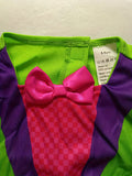 Girls whimsy mad hatter costume set includes long sleeve jacket, pink tutu skirt and mini top hat headband. Vibrant colorful design, ideal for Halloween, tea party theme and fantasy role-play activities.
