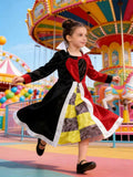 Girls' Dress Set: 1pc Black Red Contrast Queen Maxi Dress, Featuring Red Black Contrast Patchwork Design, Iconic Red Black Heart Pattern on Chest, Yellow Black Checkered Skirt Hem, And White Stand-Up Collar