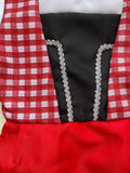 Girls chef costume set, ruffle short sleeve shirt, checkered vest, apron, skirt and matching chef hat. Classic red gingham design, perfect for kitchen role-play, Halloween and school career day dress-up.