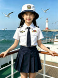 Girl's Navy Outfit Set: One White Shirt with a Tie, 1 Navy Blue Pleated Skirt, and 1 White Hat. Simple, Stylish, and Elegant Design. A Girls' Costume Set, Perfect for Halloween and Various Carnival Festivals