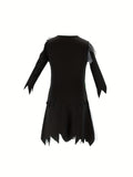 Girls zombie cheerleader costume dress with torn hem and blood splatter print. Long inner sleeves & ruined cheer uniform design. Ideal for Halloween, haunted themed parties and scary zombie role-play activities.