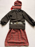 Girls Scottish tartan 5-piece costume set, ruffle cuff black blouse, plaid skirt, leather belt, fringed scarf and matching beret. Vintage British folk style for cultural show and school themed party dress-up.