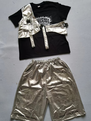 Unisex 3-piece hip-hop stage suit, graphic short sleeve tee, adjustable buckle single shoulder harness and silver elastic waist wide shorts. Futuristic metallic tone layered design for dance competition and school performance costume.