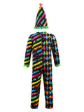 Boys Clown 2Pcs Set: Printed Jumpsuit + Matching Hat Green lace collar, all-over colorful prints & stripes. Perfect for parties and shows.