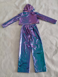 Girls 2-piece metallic stage outfit, cropped hooded long sleeve top matched with elastic waist wide leg pants. Shiny iridescent fabric, cool street style for hip-hop shows and runway costume events.