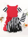 A Print Skull Pirate Girl Dress + a Headband, a Skeleton Dress for Girls for Halloween Parties, Festive Dress with Headband, Stage Performance Dress.