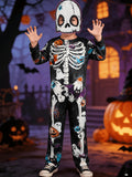 Boys Cartoon Skeleton Jumpsuit with Hood, Halloween Themed Outfit for Party & Cosplay