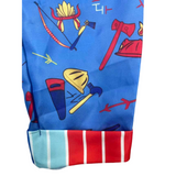 Boys toy themed costume set includes striped long sleeve shirt and printed blue overalls. Fun tool graphic print design. Ideal for Halloween, themed party, school dress-up and kids role-play activities.