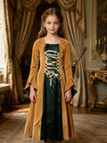 Girls 2-piece vintage royal costume set, long flare sleeve outer coat with lace-up inner slip dress. Retro two-tone matching design, ideal for historical cosplay and holiday themed parties.