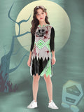 Girls zombie cheerleader costume dress with torn hem and blood splatter print. Long inner sleeves & ruined cheer uniform design. Ideal for Halloween, haunted themed parties and scary zombie role-play activities.