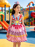 Girls candy themed costume set, tiered sleeveless dress with striped arm sleeves and matching lollipop headband. Bright colorful print, cute sweet style for carnival & birthday dress-up.