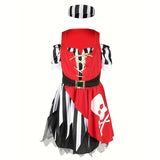 Girls Skull Print Pirate Dress with Headband for Halloween Party