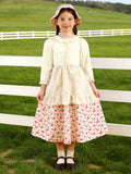 Girls Pastoral Style Dress Set with Bib & Floral Hat for Festival Shows