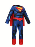 Boys hero costume set includes printed jumpsuit and detachable red cape. Iconic color matching and chest emblem design. Perfect for Halloween, themed parties, school dress-up and kids role-play activities.