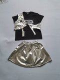 Girls 3-piece hip-hop stage set, graphic short sleeve tee, adjustable buckle cross harness and silver elastic waist flare skirt. Futuristic metallic tone layered style for dance competition and school talent show costume.