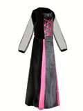 Girls pink trim witch costume set includes long dress and lace decorated witch hat. Sheer mesh sleeves and crisscross corset front. Ideal for Halloween, witch themed parties and kids fantasy role-play activities.
