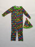 Boys Clown 2Pcs Set: Printed Jumpsuit + Matching Hat Green lace collar, all-over colorful prints & stripes. Perfect for parties and shows.