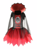 Girls vampire themed Halloween costume dress with stand bat collar and sheer mesh cape. Crisscross lace-up bodice, jagged tulle skirt, spooky gothic style for trick-or-treat and carnival party dress-up.
