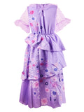 Girls purple floral layered midi dress with polka dot mesh short sleeves. Ruffle neckline and multi-tiered skirt design. Perfect for garden parties, photo shoots, casual outings and themed dress-up occasions.