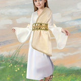Princess Dress for Girls + 1 Golden Belt. The Puff Sleeves Are Adorned with Light Yellow Ribbons, Front Features Iridescent Golden Embossing. Perfect as a Halloween/Christmas Party Dress or Princess Costume