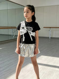 Girls 3-piece hip-hop stage set, graphic short sleeve tee, adjustable buckle cross harness and silver elastic waist flare skirt. Futuristic metallic tone layered style for dance competition and school talent show costume.
