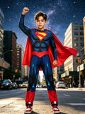 Boys hero costume set includes printed jumpsuit and detachable red cape. Iconic color matching and chest emblem design. Perfect for Halloween, themed parties, school dress-up and kids role-play activities.