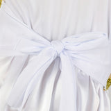 Princess Dress for Girls + 1 Golden Belt. The Puff Sleeves Are Adorned with Light Yellow Ribbons, Front Features Iridescent Golden Embossing. Perfect as a Halloween/Christmas Party Dress or Princess Costume