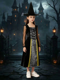 Girls classic witch costume set includes long dress and pointed witch hat. Mesh long sleeves & vintage swirl printed panel. Perfect for Halloween parties, castle themed events and fantasy witch role-play activities.