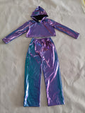 Girls 2-piece metallic stage outfit, cropped hooded long sleeve top matched with elastic waist wide leg pants. Shiny iridescent fabric, cool street style for hip-hop shows and runway costume events.
