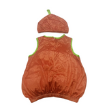 Kids pumpkin costume set includes sleeveless top, trousers and matching hat. Cute cartoon pumpkin design, perfect for Halloween trick-or-treat, themed parties and school dress-up activities.